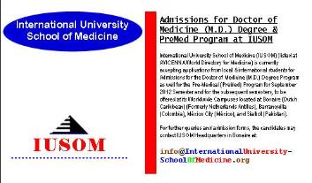 Admissions for Doctor of Medicine (M.D.) Degree & PreMed Program for September 2012 Semester at IUSOM