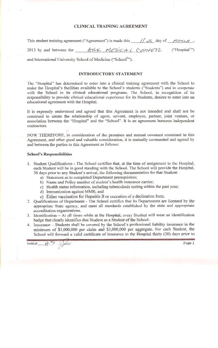 Clinical Training Agreement between IUSOM & Ark Medical Center-Page 1