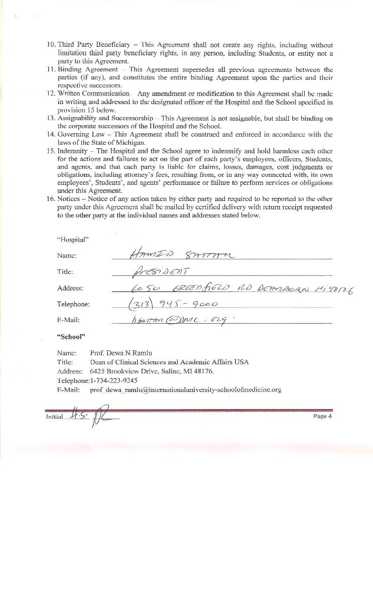 Clinical Training Agreement between IUSOM & Ark Medical Center-Page 4
