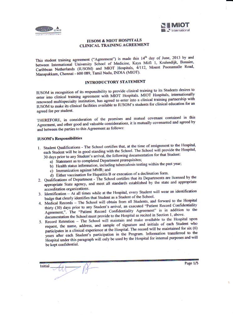 Clinical Training Agreement between IUSOM & MIOT Hospitals-Page 1