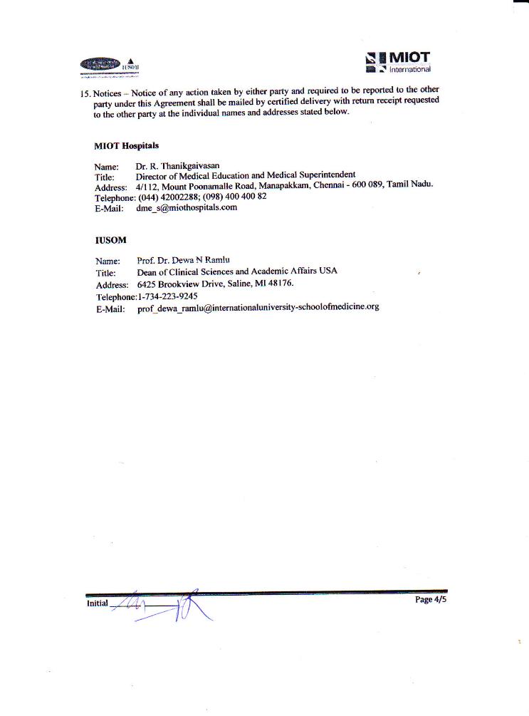 Clinical Training Agreement between IUSOM & MIOT Hospitals-Page 4